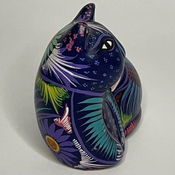 Cat Kitten Mexican Folk Art Pottery Blue W Bird Figurine Tonala Talavera Style - Picture 7 of 10
